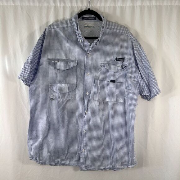 Columbia PFG Shirt Men's XL Blue White Plaid Short Sleeve Button Up Bonehead - Picture 1 of 11